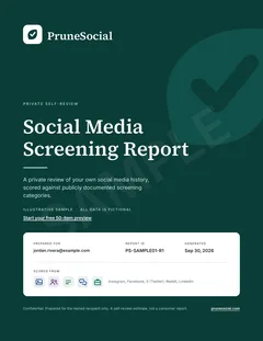 Cover page of a sample PruneSocial Social Media Screening Report